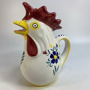 Vintage Shafford Rooster Pitcher Jug Hand Painted Italy Floral Farmhouse 10 in